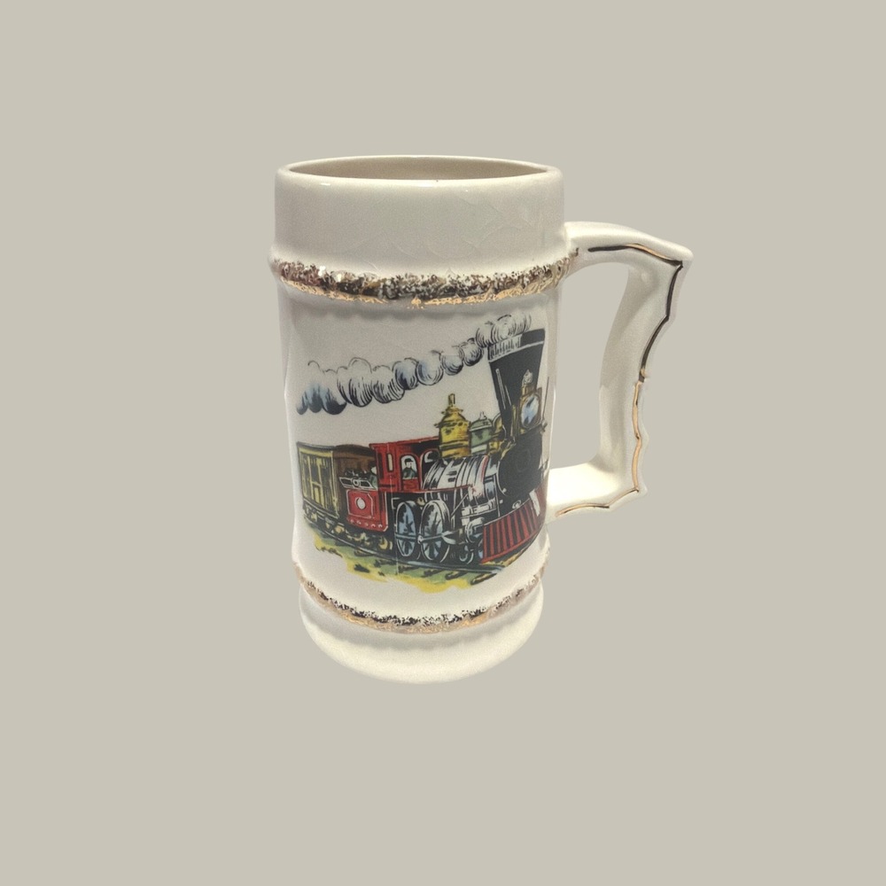 Vintage Norleans Japan Steam Locomotive Train Beer Stein Ceramic Gold Trim Mug